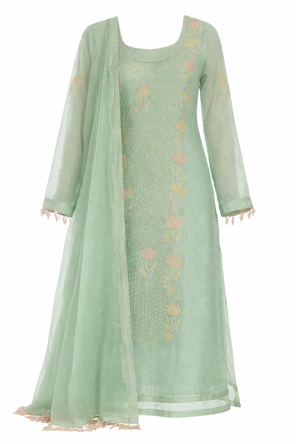Mint Green Hand-Embroidered Organza Suit Set