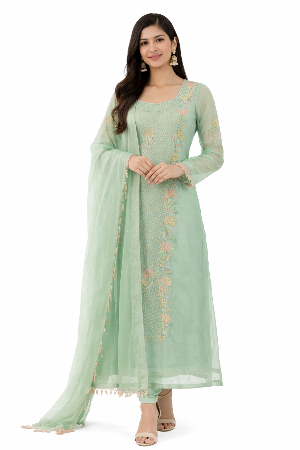 Mint Green Hand-Embroidered Organza Suit Set