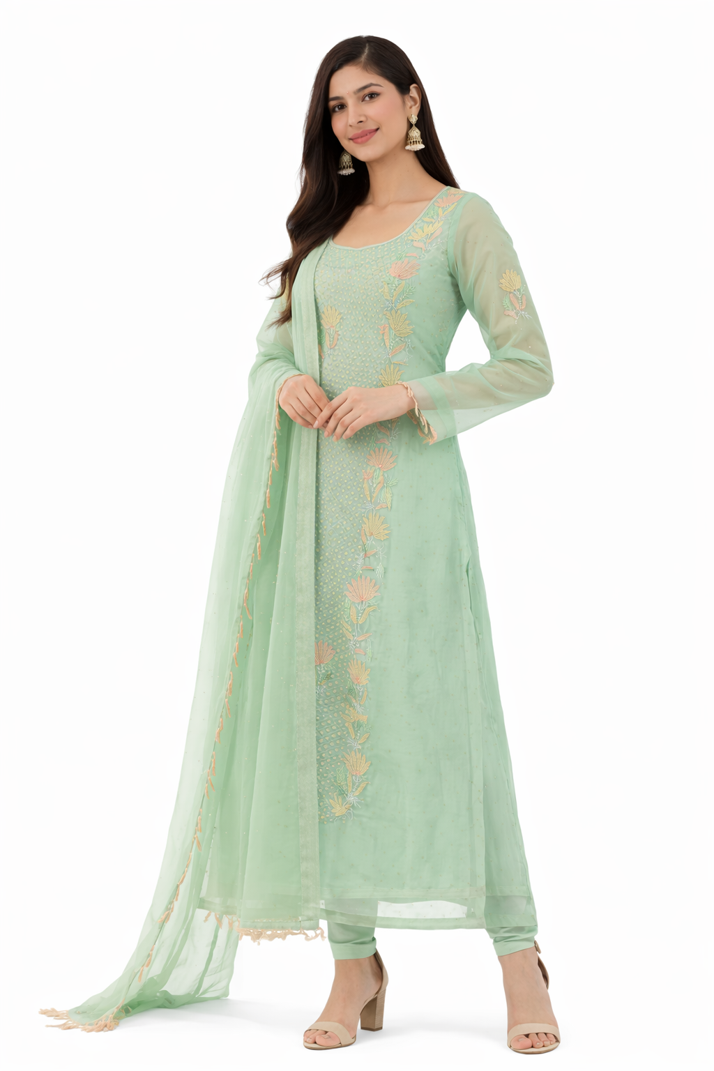Mint Green Hand-Embroidered Organza Suit Set