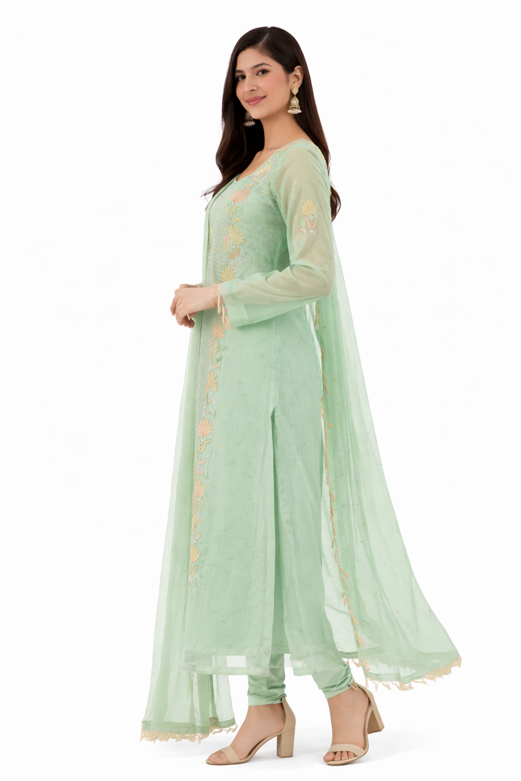 Mint Green Hand-Embroidered Organza Suit Set