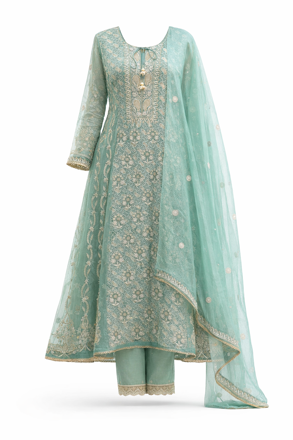 Sea Green Handcrafted Chikankari Anarkali Set