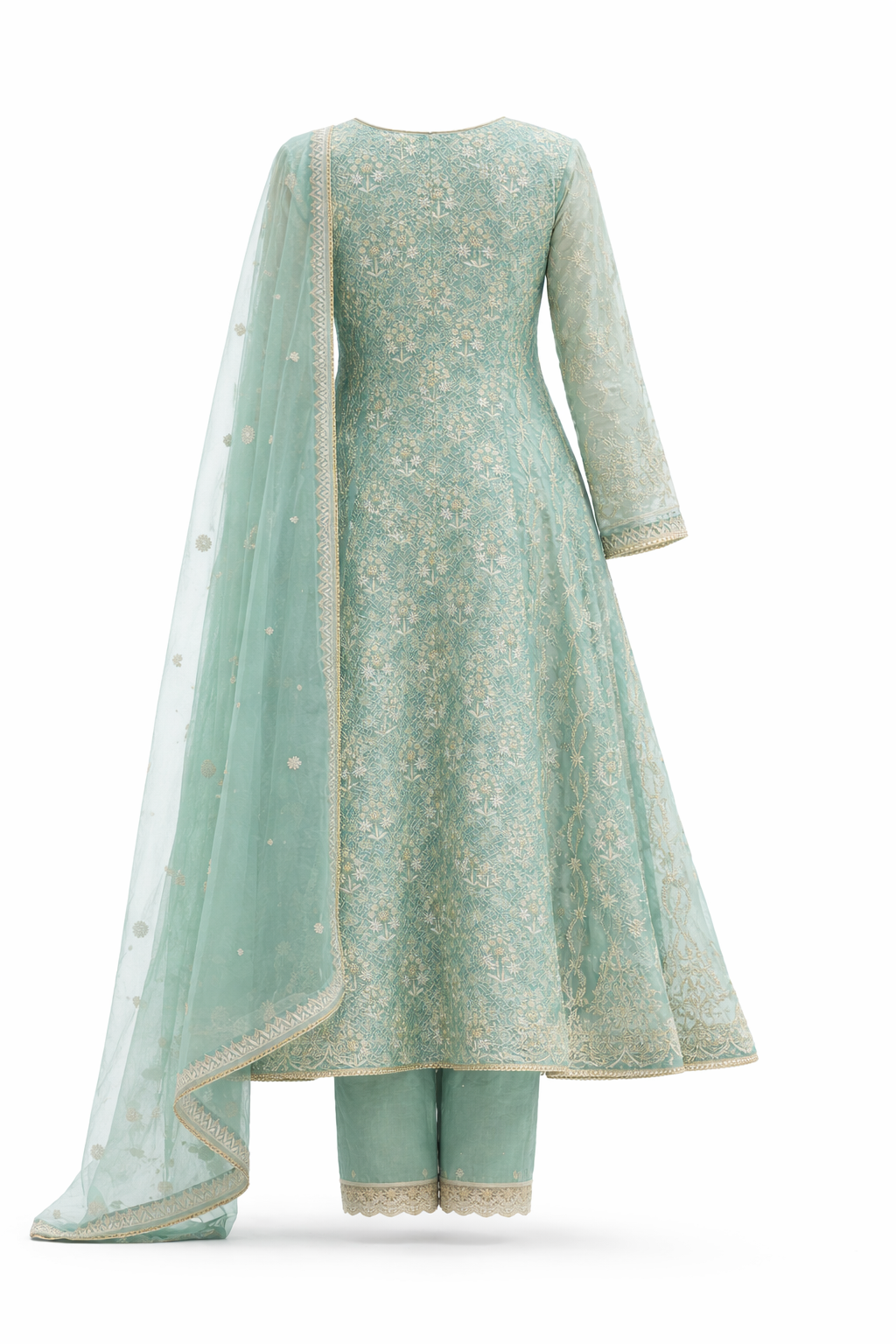 Sea Green Handcrafted Chikankari Anarkali Set