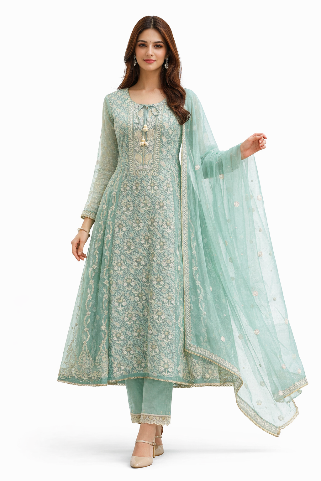 Sea Green Handcrafted Chikankari Anarkali Set
