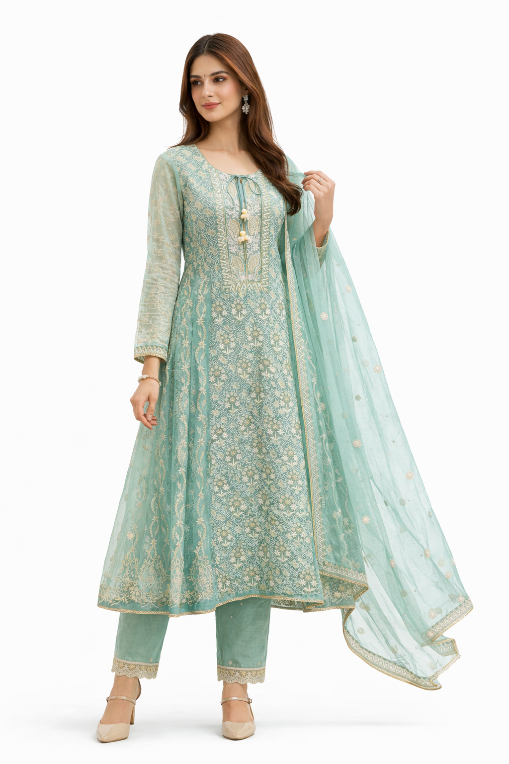 Sea Green Handcrafted Chikankari Anarkali Set