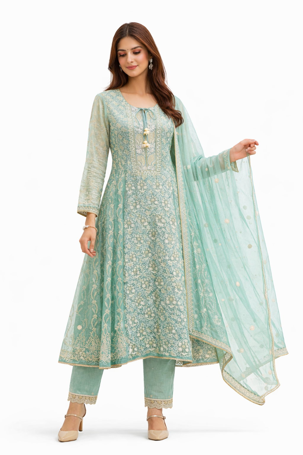 Sea Green Handcrafted Chikankari Anarkali Set