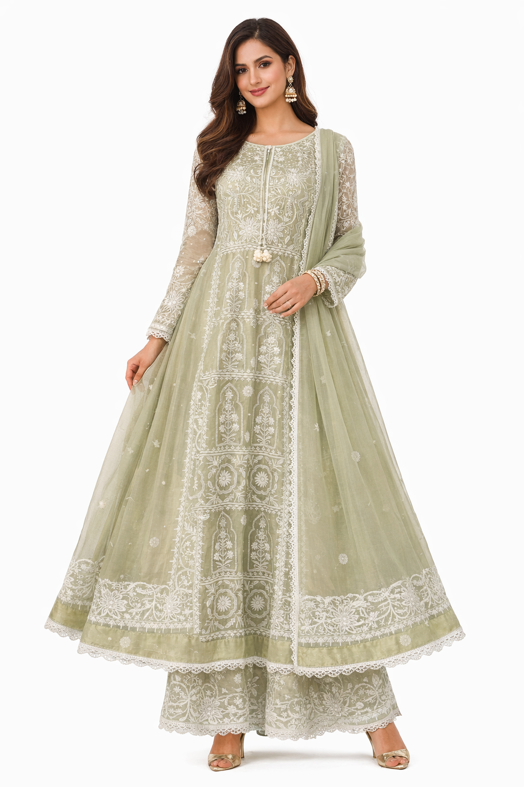 Sage Green Embroidered Anarkali Set with Dupatta