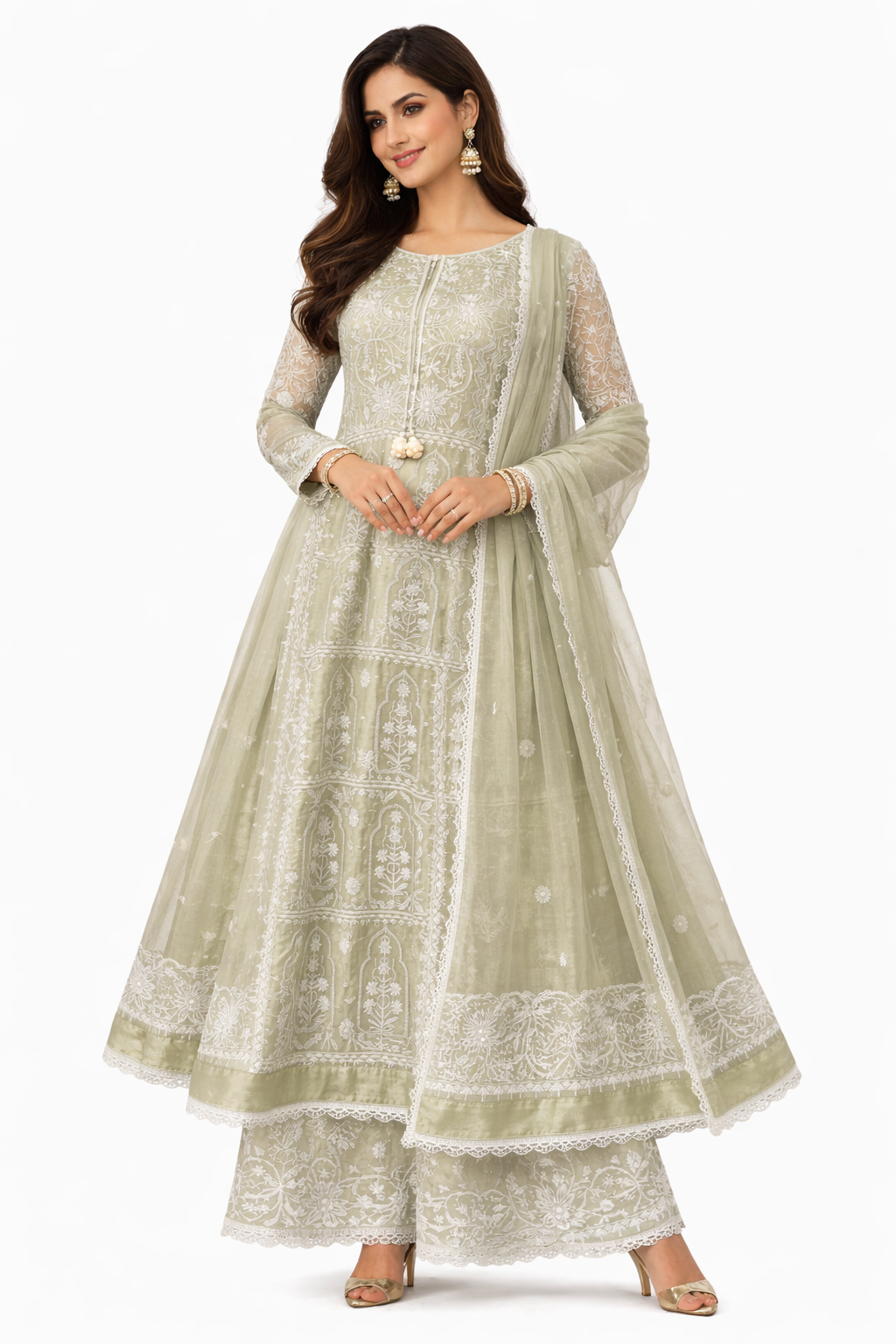 Sage Green Embroidered Anarkali Set with Dupatta