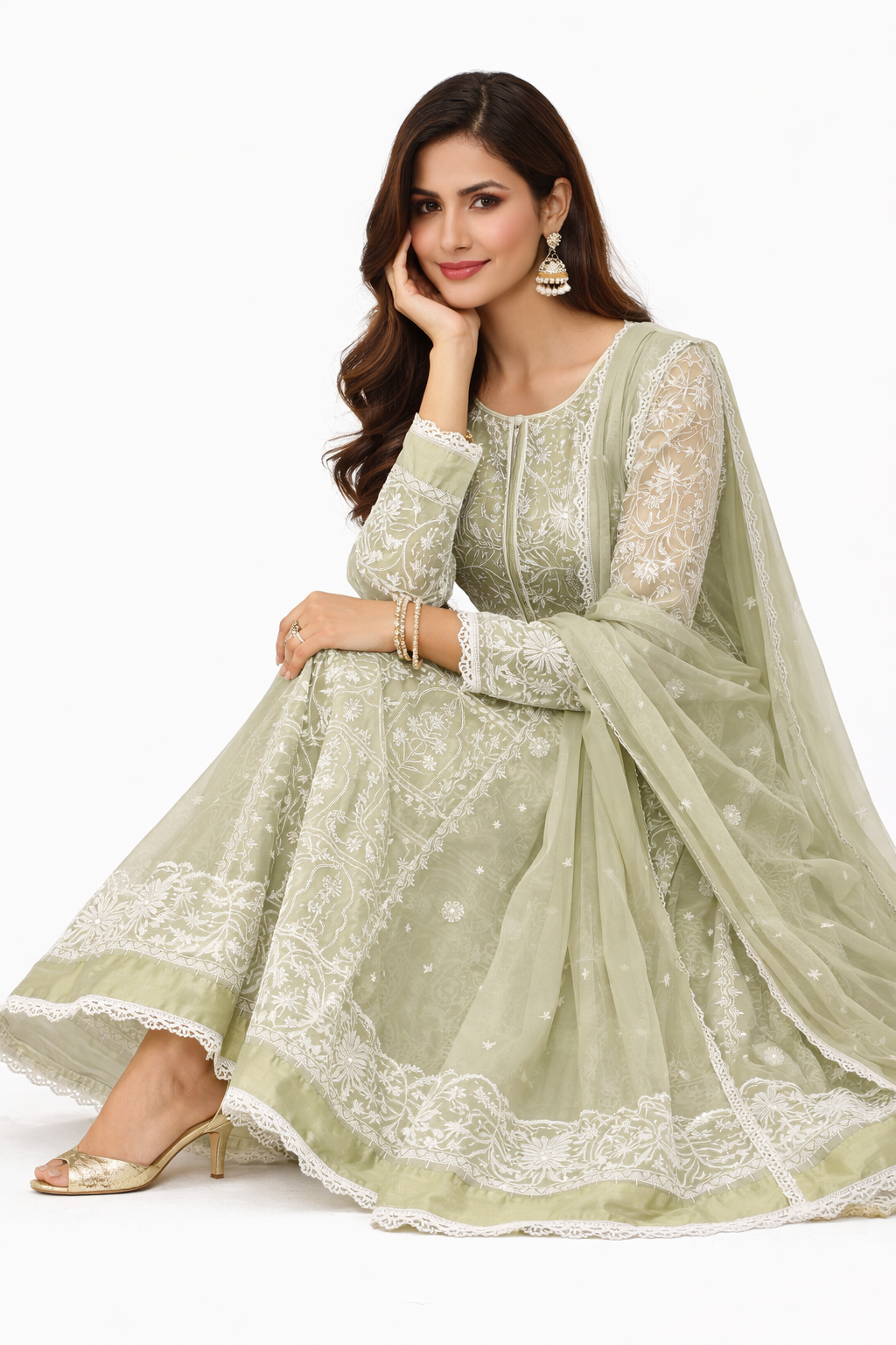 Sage Green Embroidered Anarkali Set with Dupatta