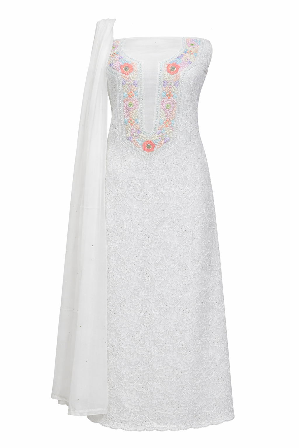 White Pastel Floral Chikankari Suit Set