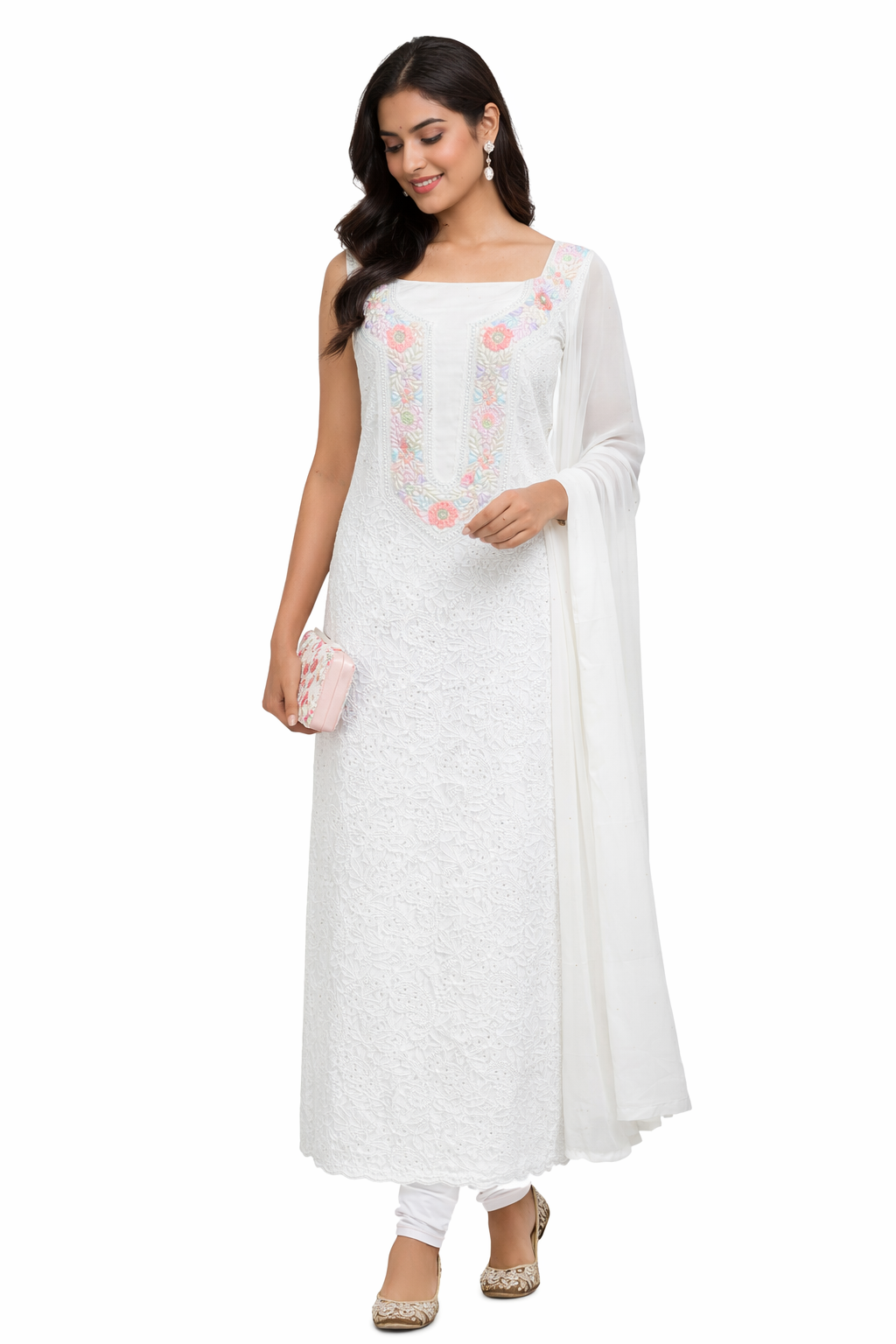 White Pastel Floral Chikankari Suit Set