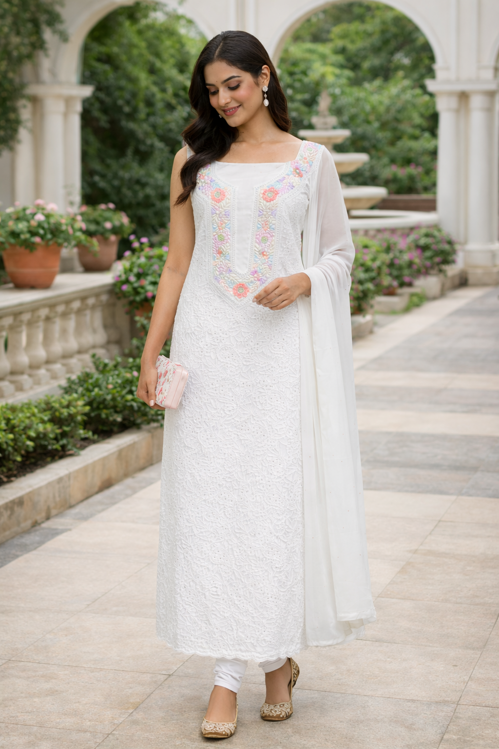 White Pastel Floral Chikankari Suit Set