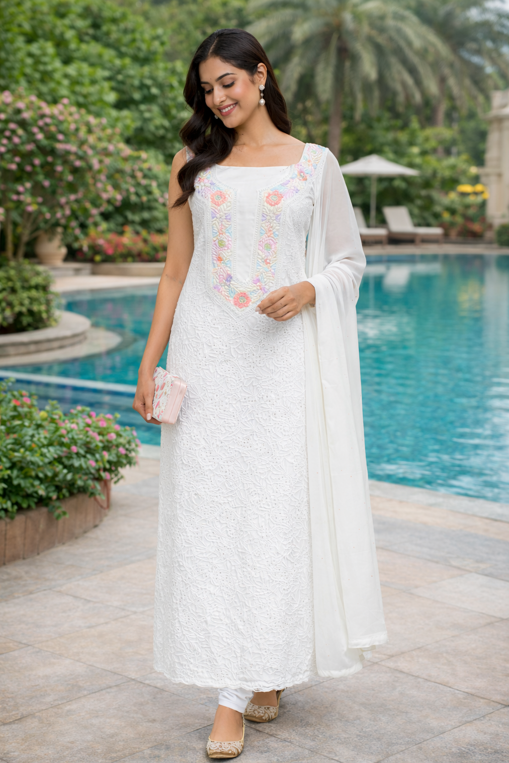 White Pastel Floral Chikankari Suit Set