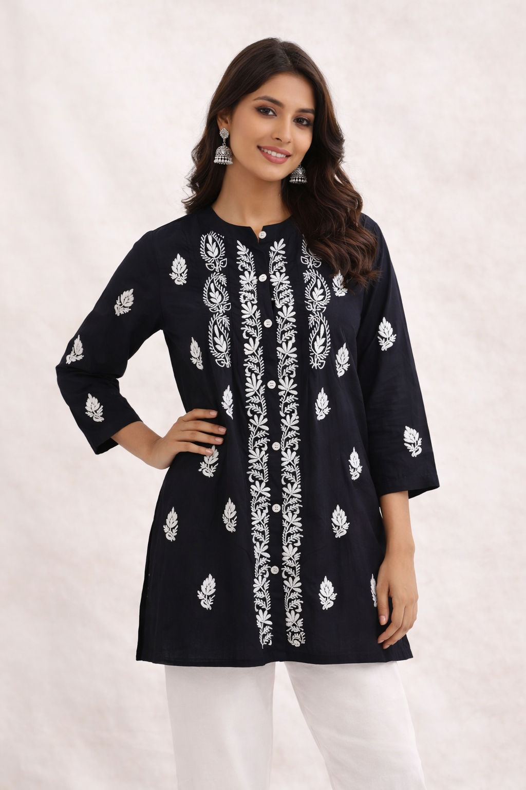 Blue Embroidered Cotton Kurti – Elegant Floral Design