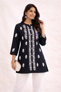 Blue Embroidered Cotton Kurti – Elegant Floral Design