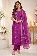 Royal Purple Hand-Embroidered Suit Set with Dupatta
