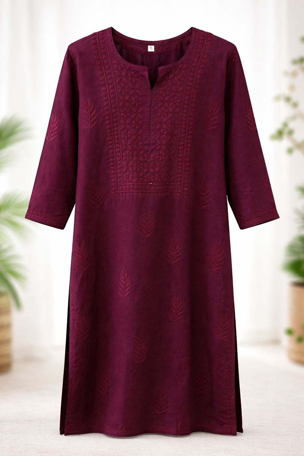 Burgundy Embroidered Straight Kurti