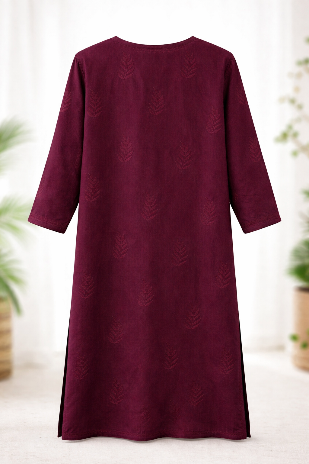 Burgundy Embroidered Straight Kurti