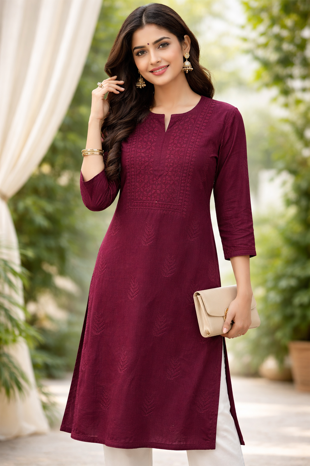 Burgundy Embroidered Straight Kurti