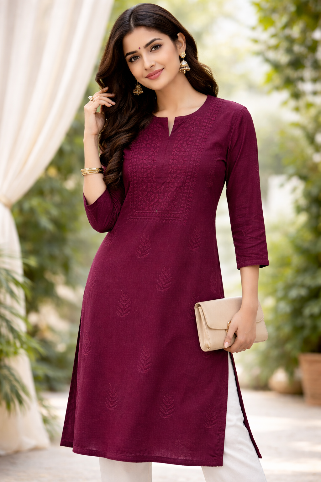 Burgundy Embroidered Straight Kurti