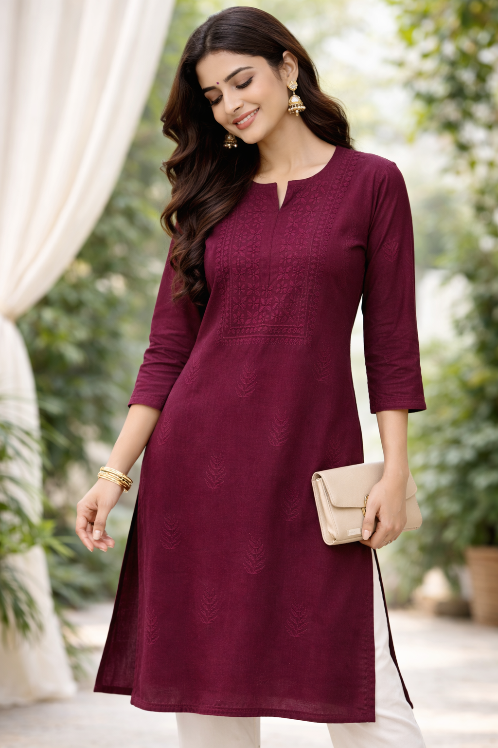 Burgundy Embroidered Straight Kurti