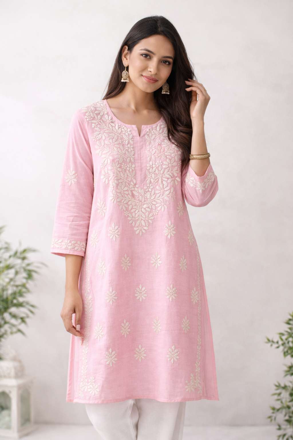 Baby Pink Chikankari Embroidered Kurti