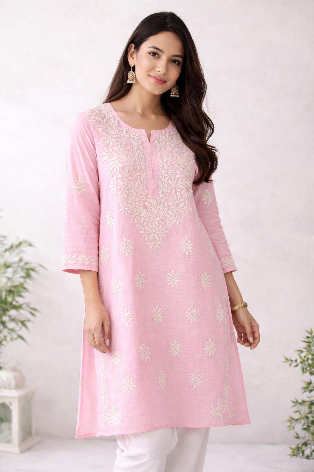 Baby Pink Chikankari Embroidered Kurti