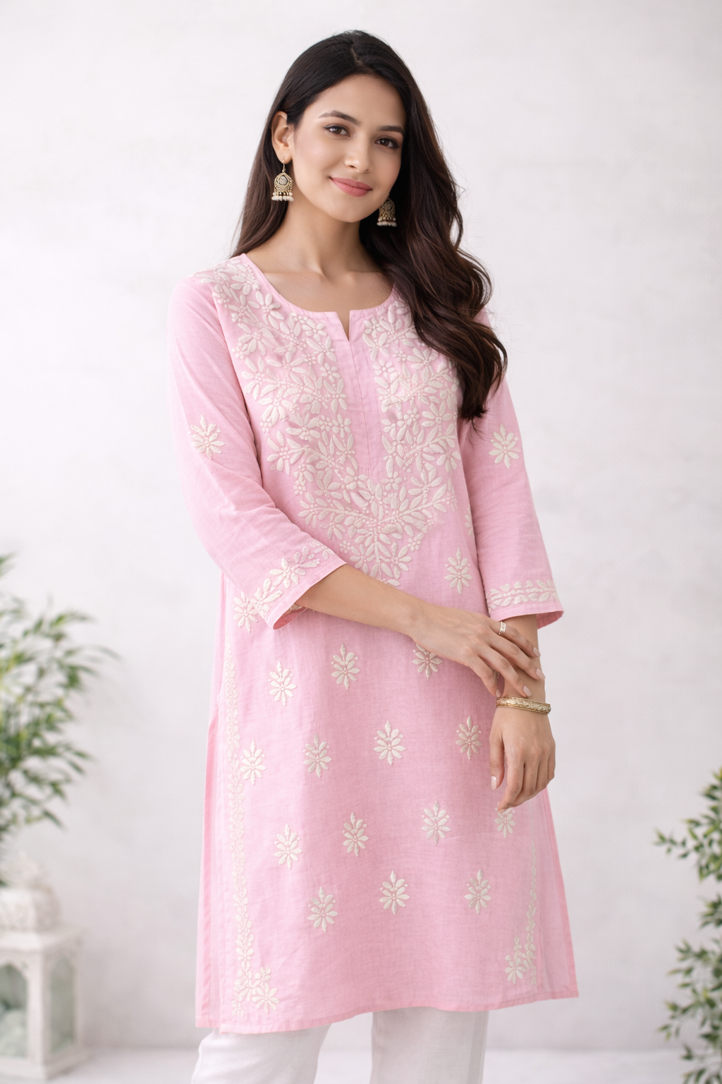 Baby Pink Chikankari Embroidered Kurti