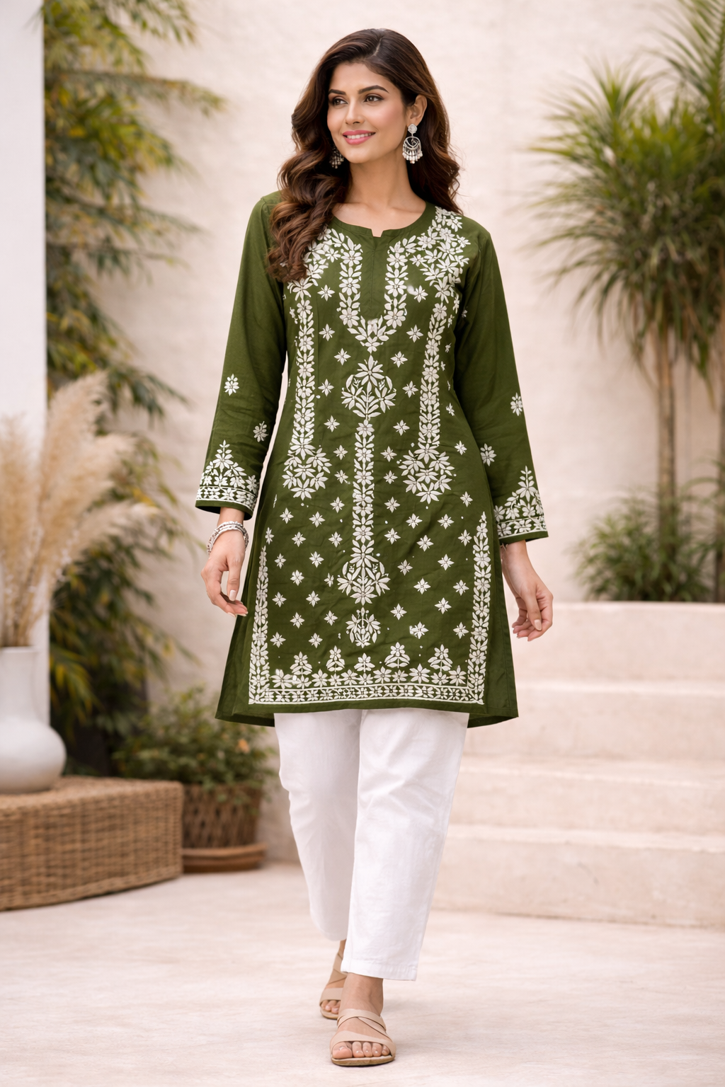 Olive Green Handcrafted Lucknowi Chikankari Cotton Kurta