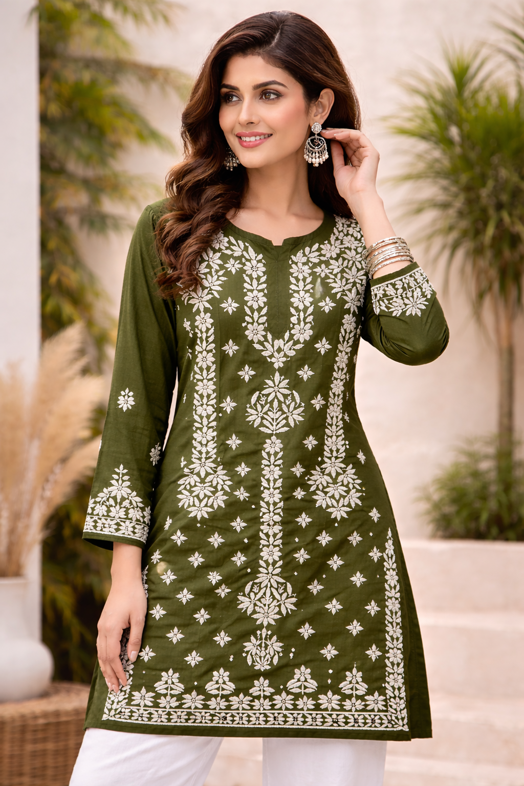 Olive Green Handcrafted Lucknowi Chikankari Cotton Kurta