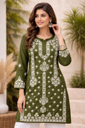 Olive Green Handcrafted Lucknowi Chikankari Cotton Kurta