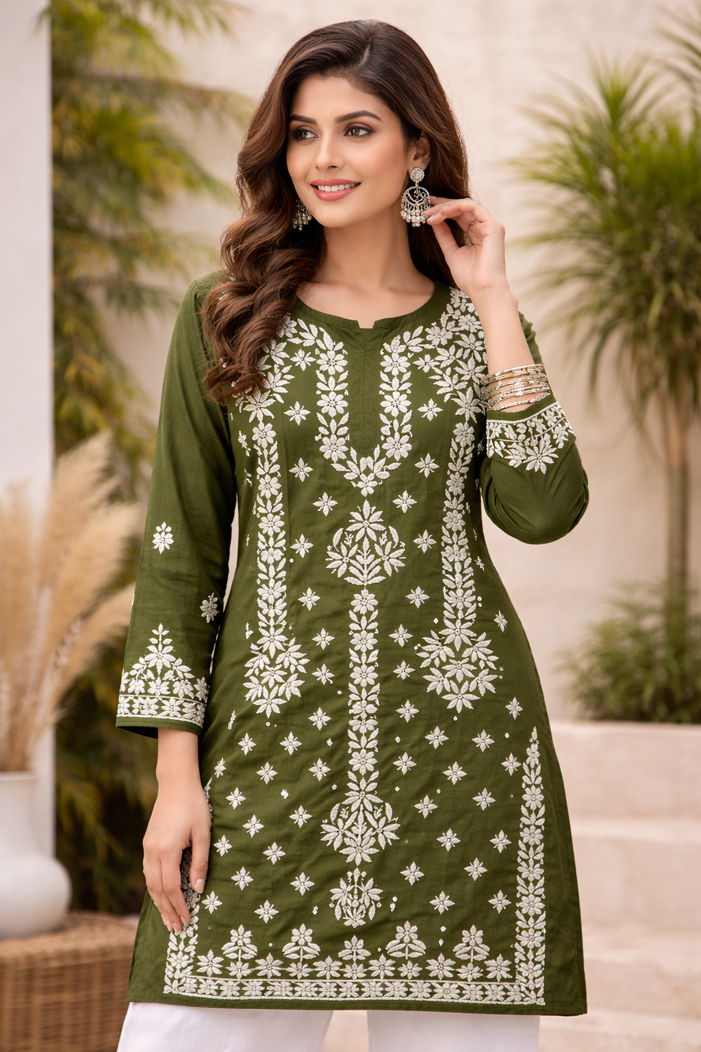 Olive Green Handcrafted Lucknowi Chikankari Cotton Kurta