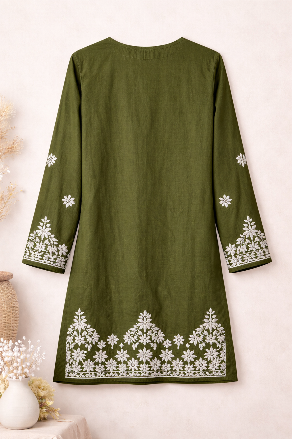 Olive Green Handcrafted Lucknowi Chikankari Cotton Kurta