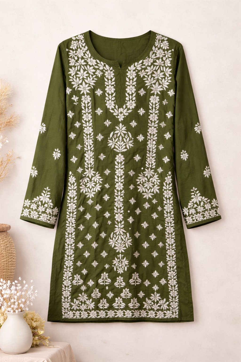 Olive Green Handcrafted Lucknowi Chikankari Cotton Kurta