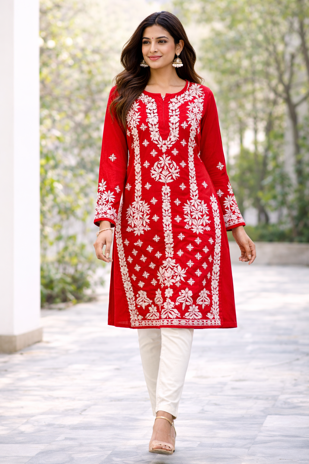 Red Lucknowi Chikankari Embroidered Kurti