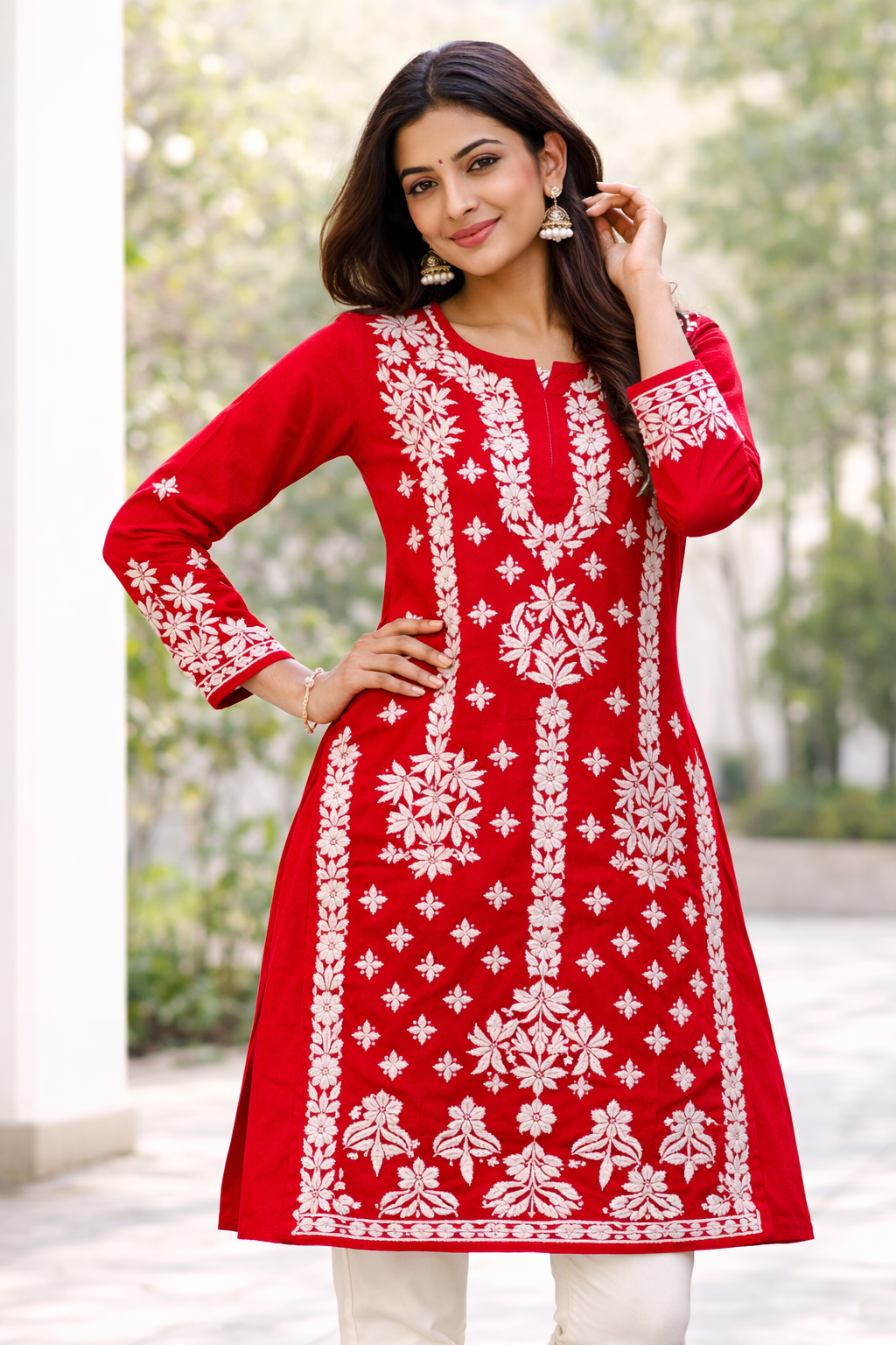 Red Lucknowi Chikankari Embroidered Kurti