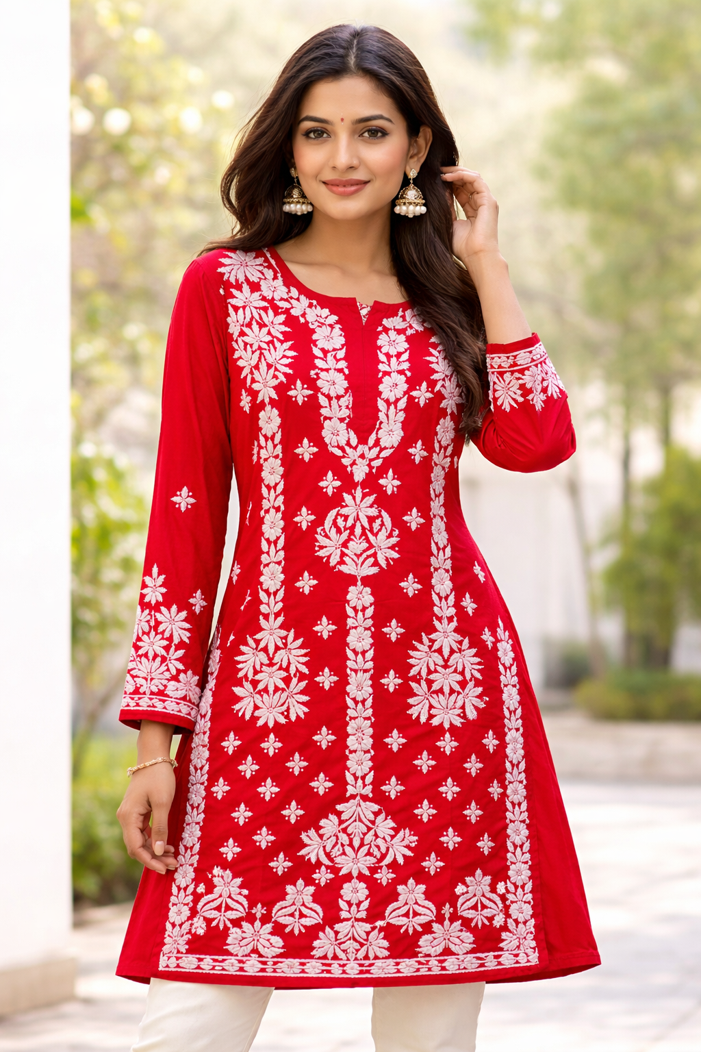 Red Lucknowi Chikankari Embroidered Kurti