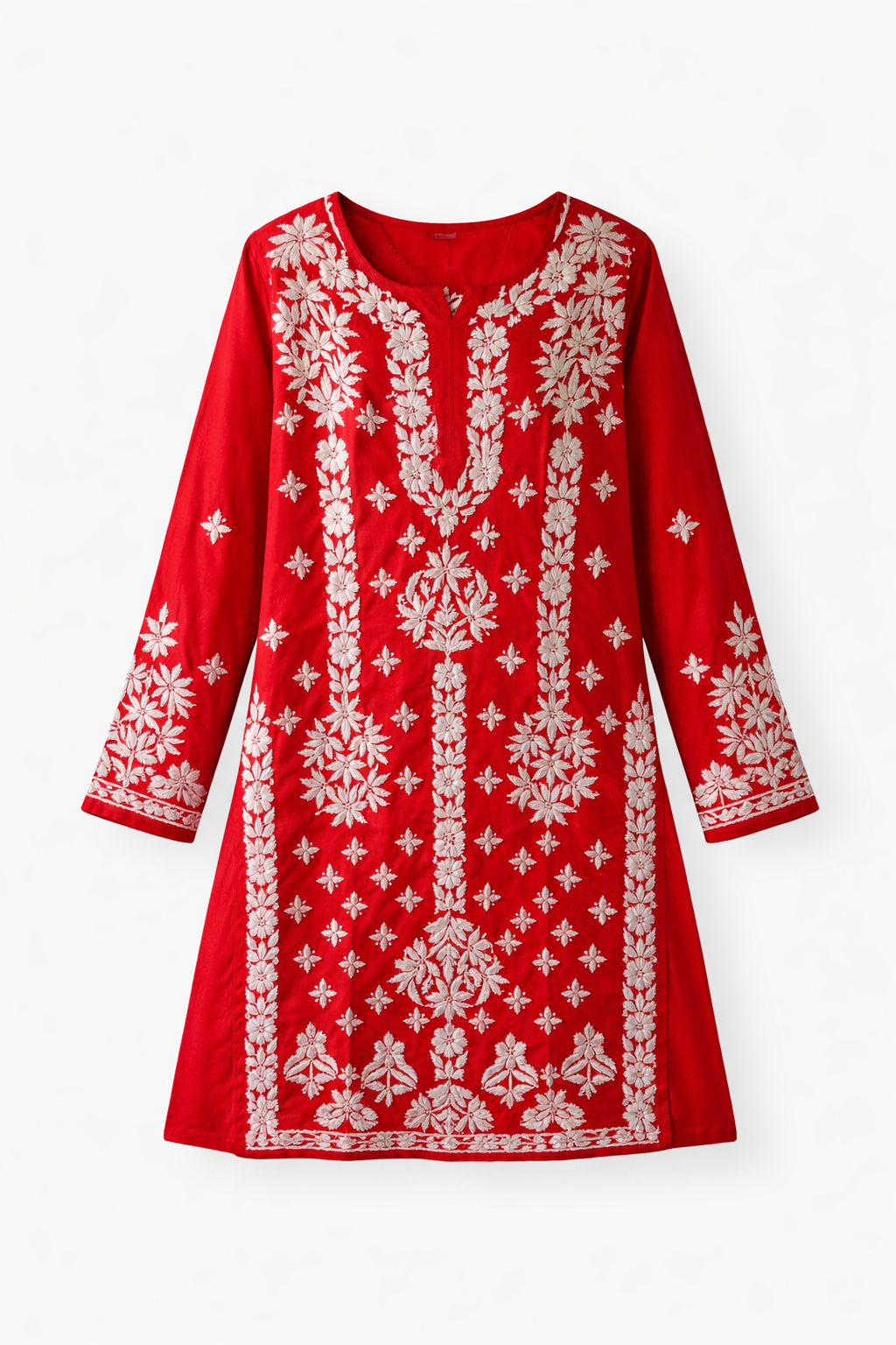 Red Lucknowi Chikankari Embroidered Kurti