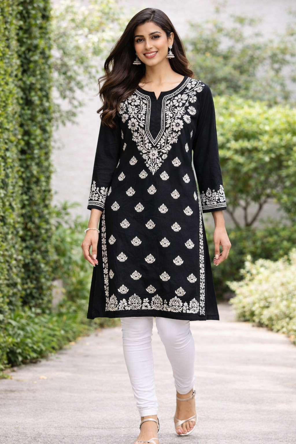 Blue Floral Embroidered Chikankari Style Kurti