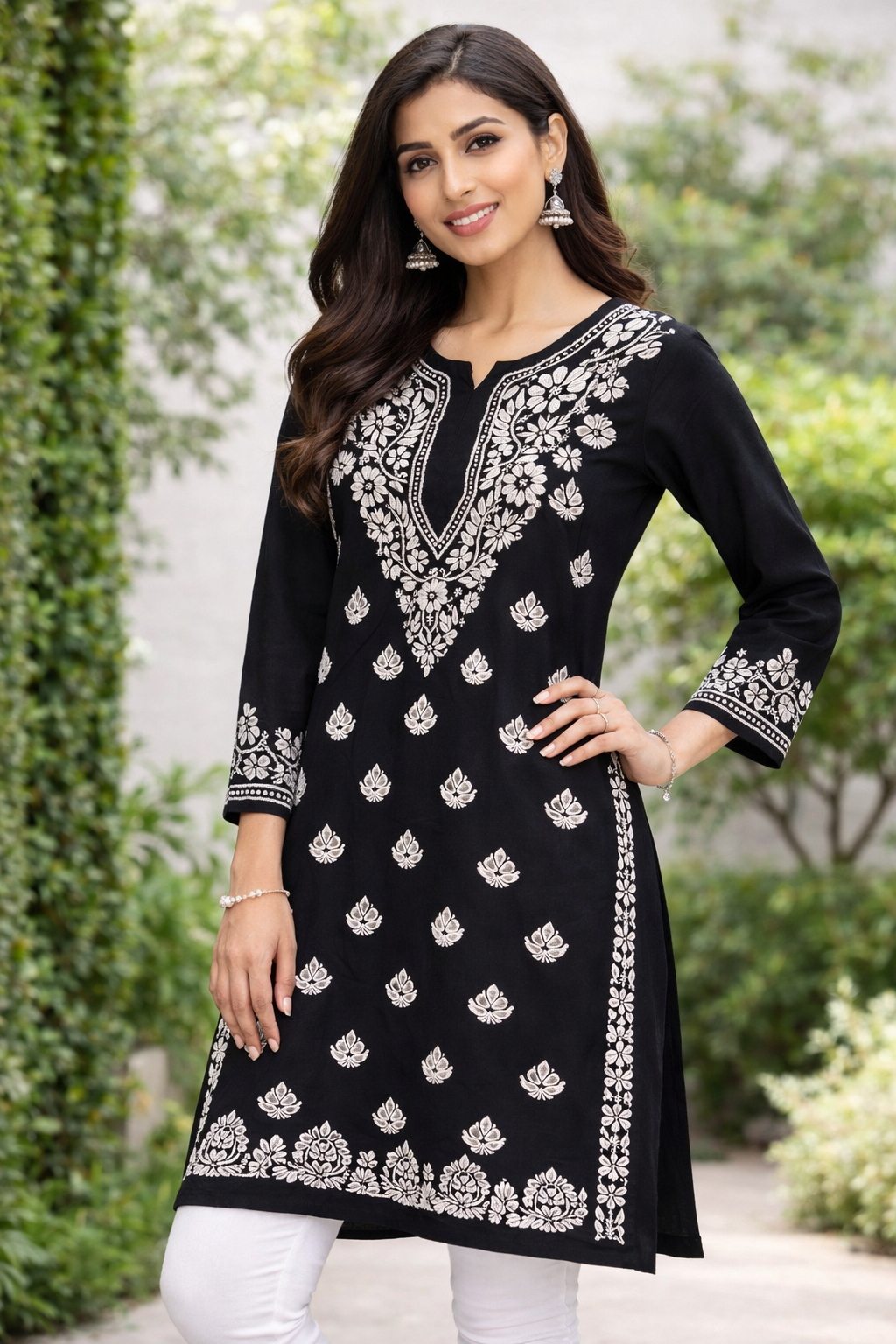 Blue Floral Embroidered Chikankari Style Kurti