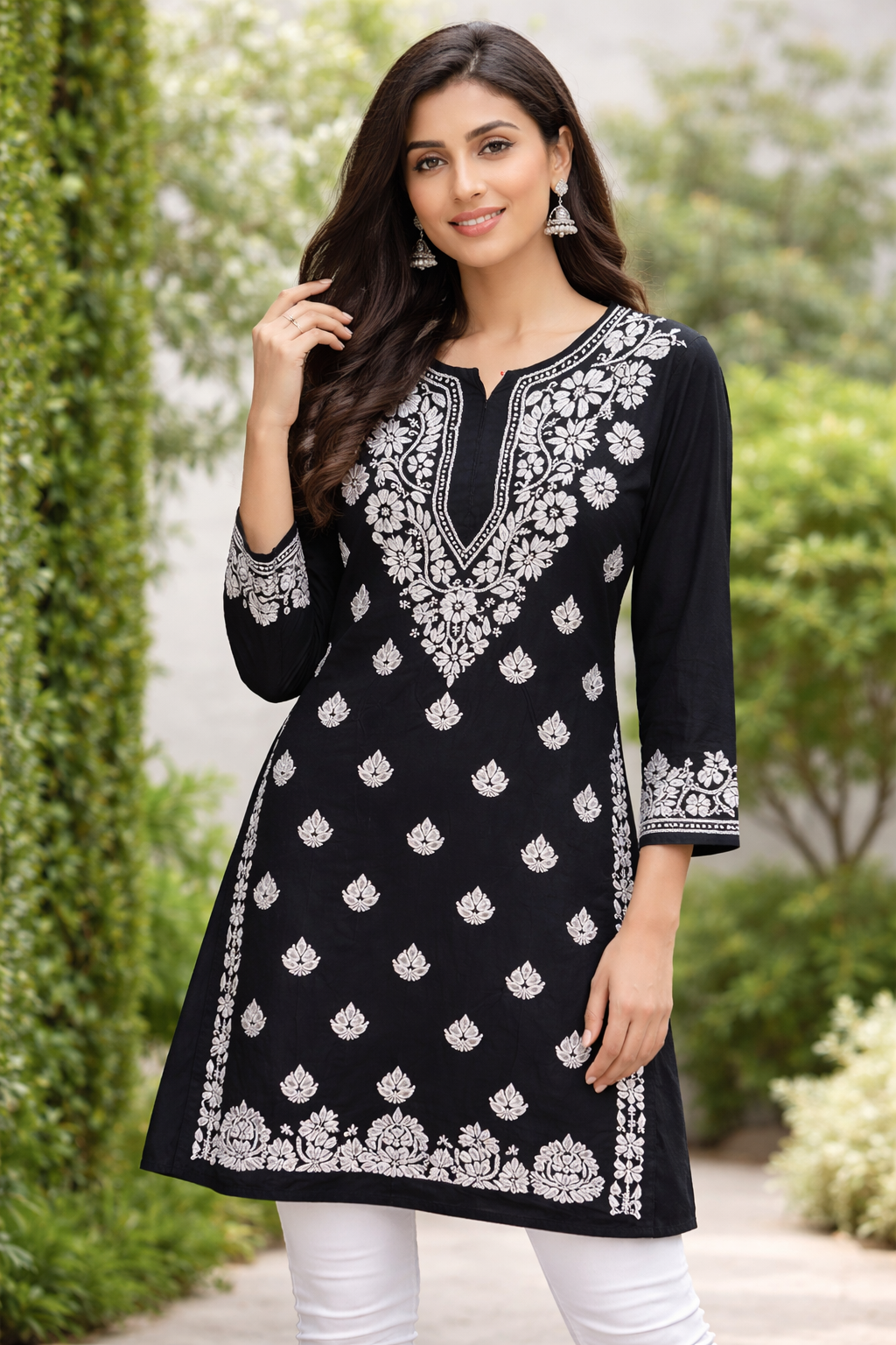Blue Floral Embroidered Chikankari Style Kurti