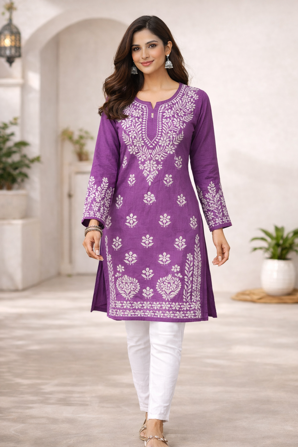 Purple Floral Embroidered Full Sleeve Kurti