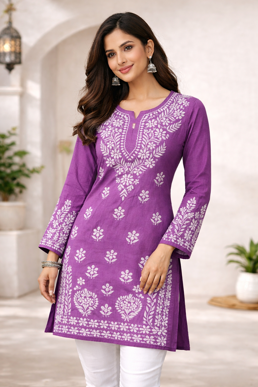 Purple Floral Embroidered Full Sleeve Kurti