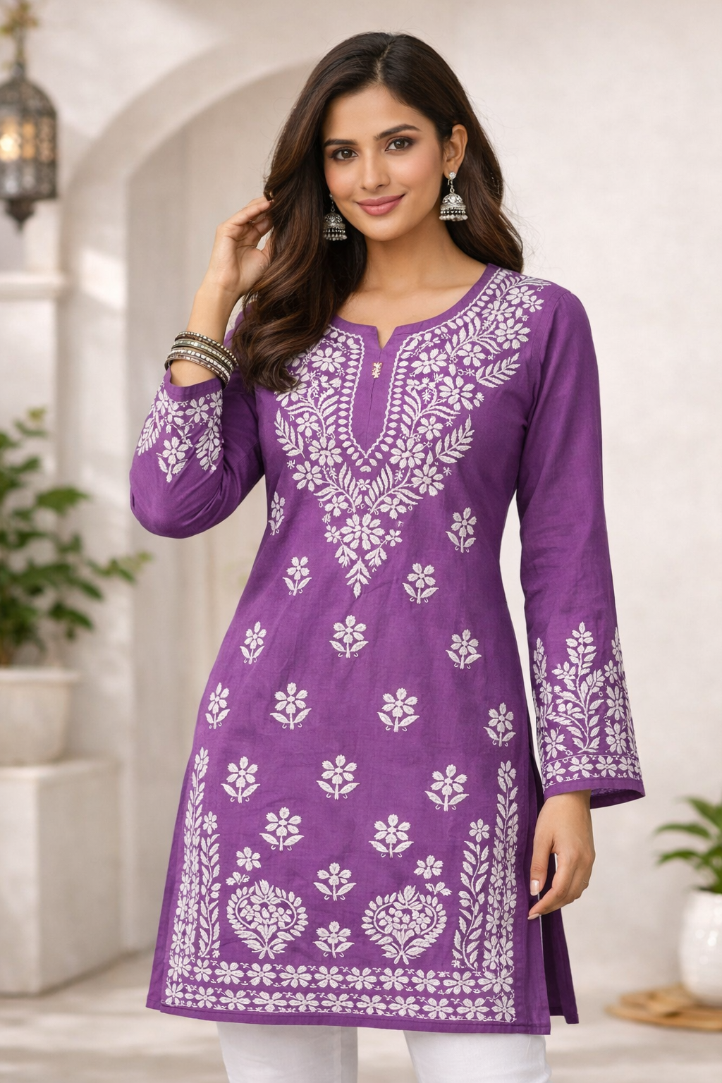 Purple Floral Embroidered Full Sleeve Kurti