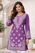 Purple Floral Embroidered Full Sleeve Kurti