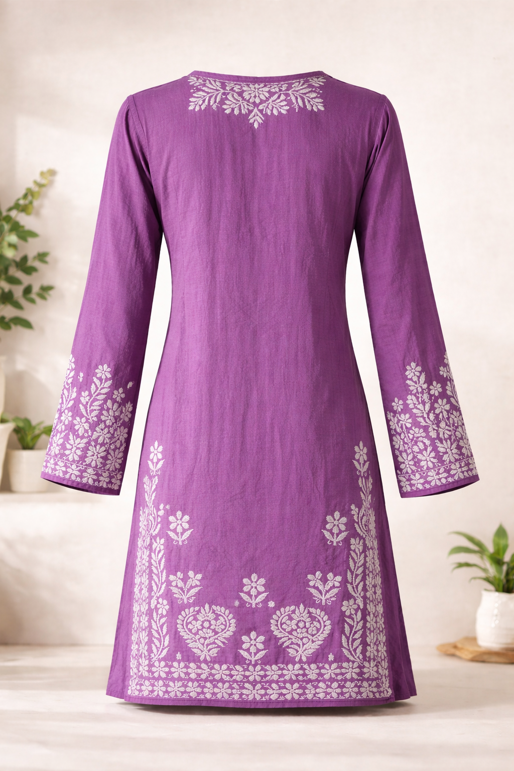 Purple Floral Embroidered Full Sleeve Kurti