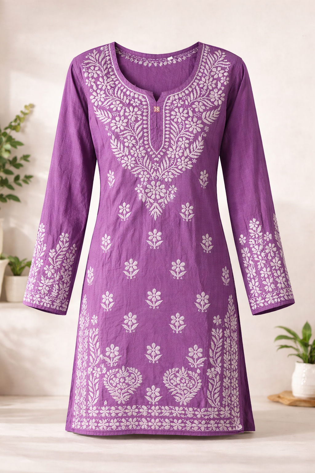 Purple Floral Embroidered Full Sleeve Kurti