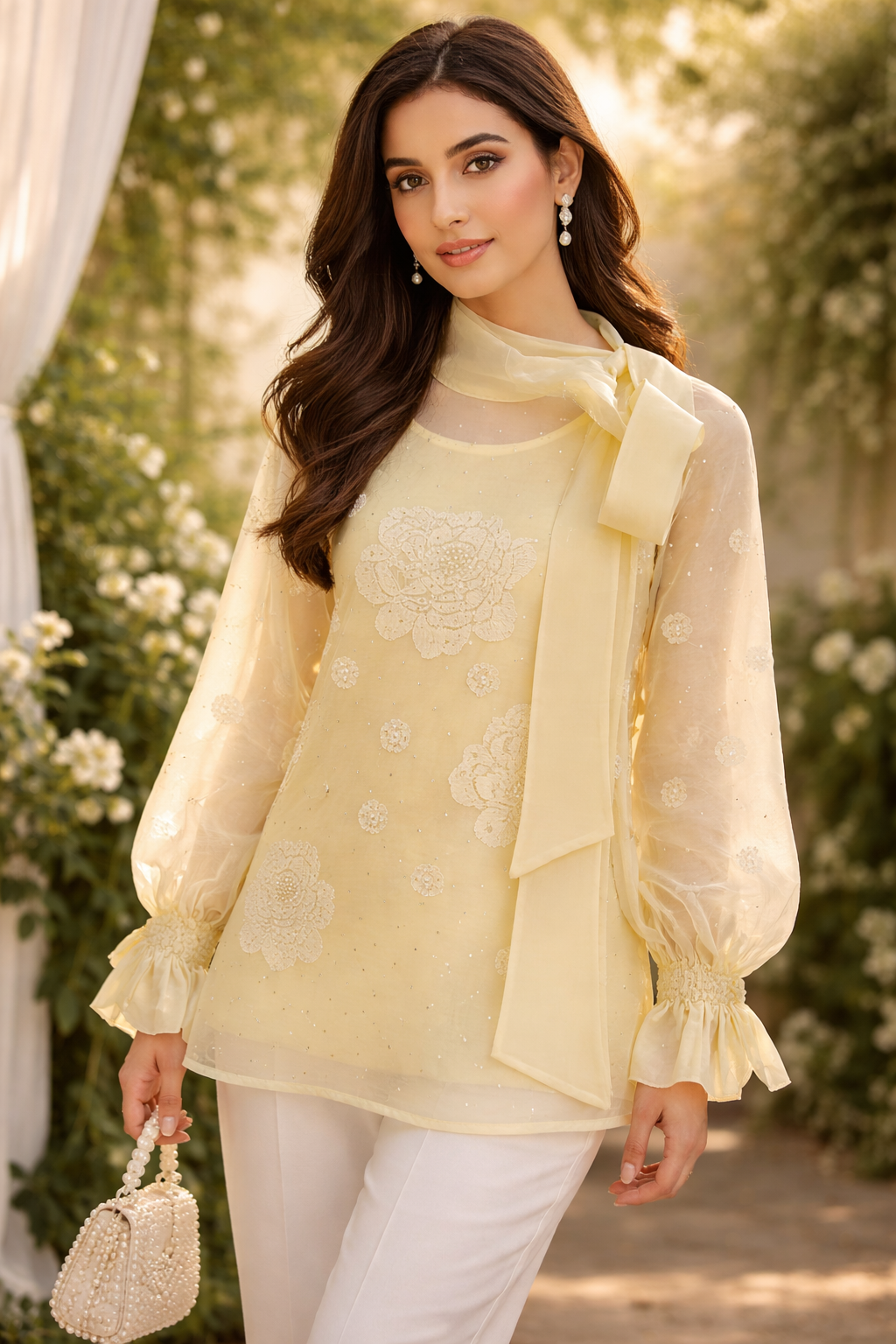 Lemon Blossom Organza Chikankari Kurti