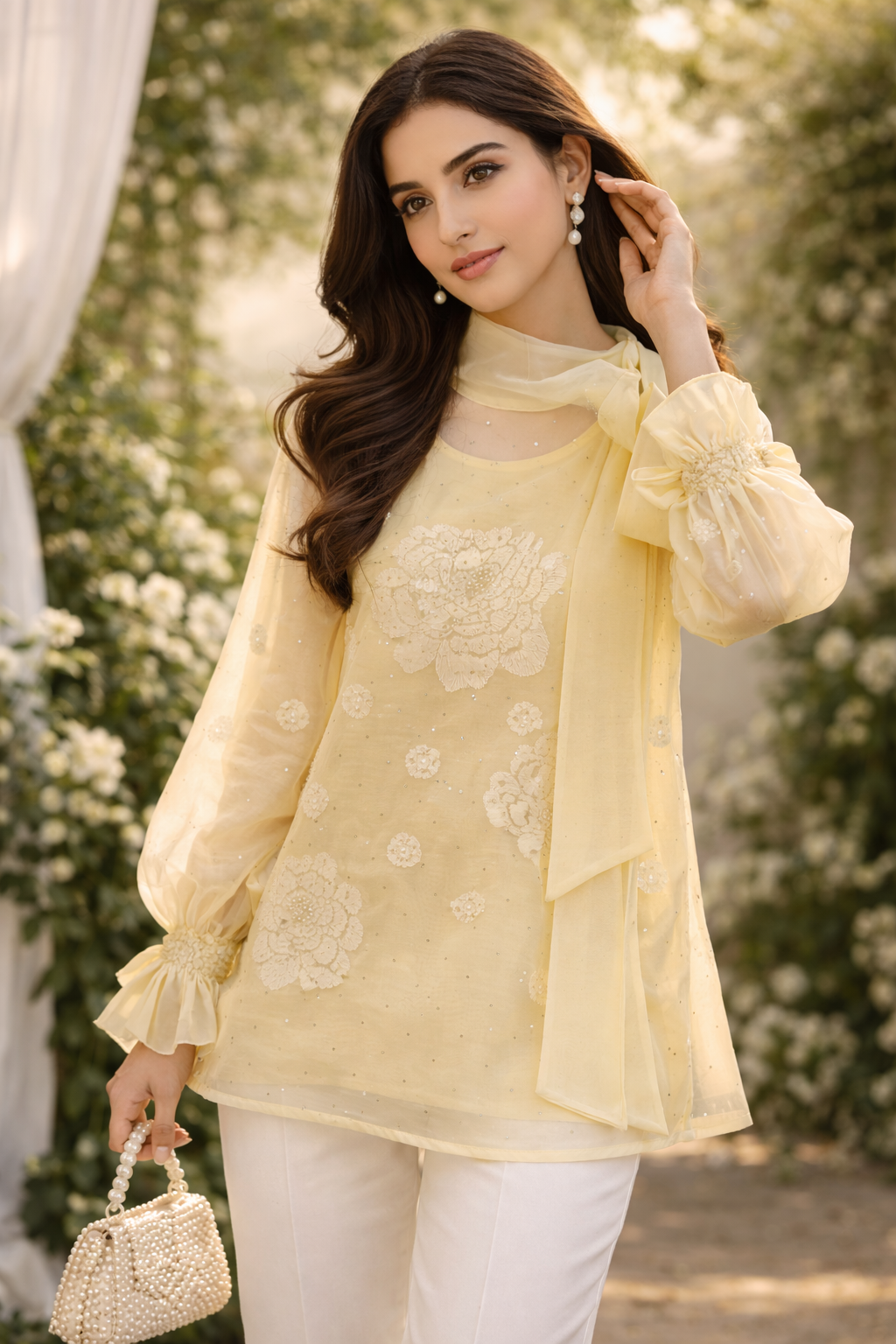 Lemon Blossom Organza Chikankari Kurti
