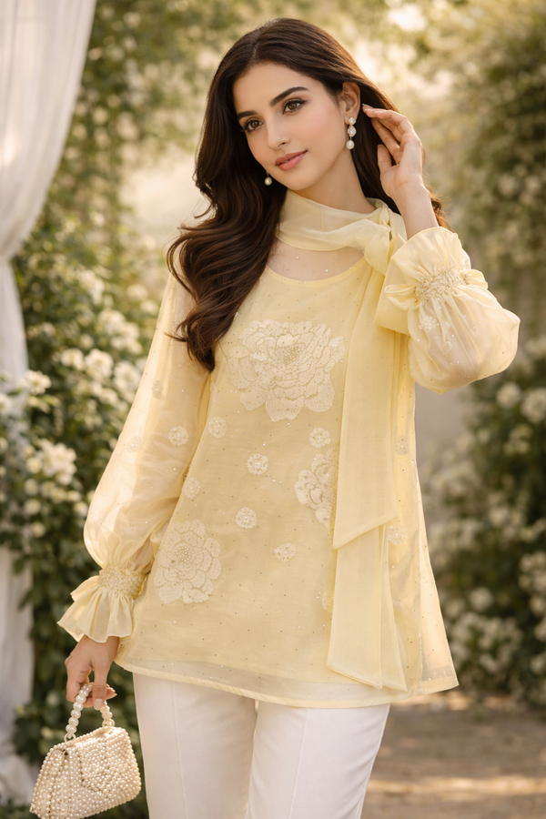 Lemon Blossom Organza Chikankari Kurti