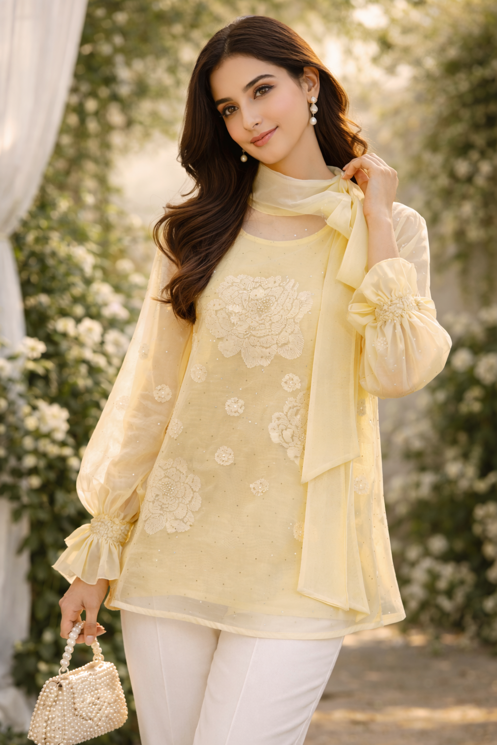 Lemon Blossom Organza Chikankari Kurti